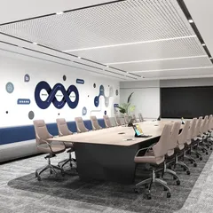 This large, modern boardroom is designed for impactful decision making. Featuring a custom conference table, integrated technology, and brand-centric wall graphics, the space combines professional aesthetics with complete functionality, ensuring every meeting is productive.