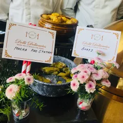 Our custom 'Maska Pao Station' and 'Bhajji' counter, complete with branded signage. These specialized live stations bring authentic regional flavors to your event.