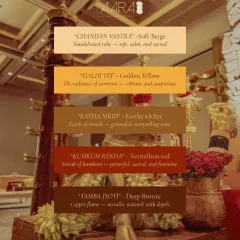 This color palette, named "Divya Stambh," was the foundation for a South Indian temple-themed event. Each color, from the sacred "Chandan Vastra" beige to the powerful "Kumkum Rekha" red, was chosen to echo divinity, craftsmanship, and tradition.