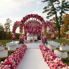 The wedding mandap is the heart of the ceremony, and we design it to be a showpiece. This stunning outdoor setup features a lush floral arch in shades of pink and a pristine white aisle, creating a romantic and picturesque setting for the vows.