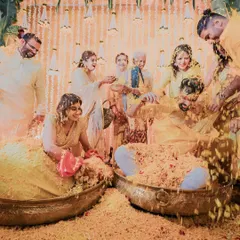 The ultimate 'phoolon ki holi'! We love creating these moments of joyful chaos where the couple is showered with love and flower petals by their family and friends.