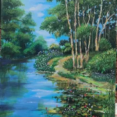I painted this serene landscape of the Lalbagh lake on-site, capturing the calm water and the lush greenery. This piece shows my love for bringing nature's tranquility indoors. If you have a favorite natural spot, I can capture its essence on canvas for you.