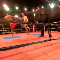 Be kind, be humble, but be a beast in the ring. Our champion demonstrates this philosophy with a powerful kick during his title fight.