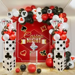 Roll the dice and get the party started. This all-in-one Casino Night backdrop is perfect for a high-energy party, featuring a red backdrop, dice columns, and a balloon arch with card suit details.