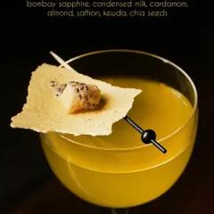 Our Kulfi cocktail, featuring Bombay Sapphire gin, is clarified with milk to achieve a silky texture. The familiar notes of cardamom, saffron, kewda, and almond are layered to create a drink that is both a dessert and a cocktail.