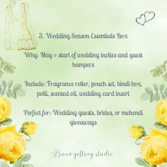 An idea board for May gifting, featuring a "Wedding Season Essentials Box" with items like a fragrance roller, bindi box, and potli.