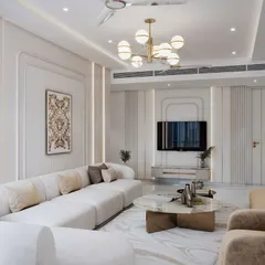 Another 3D view of the modern luxury living room, showcasing the plush sectional sofa, curved-back armchair, and the seamless flow into the dining area.