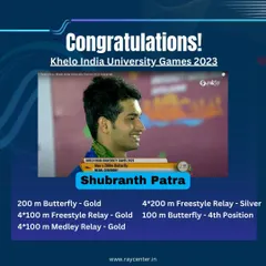 I'm incredibly proud to showcase Shubranth Patra's outstanding achievements at the Khelo India University Games 2023. Securing gold in multiple events like the 200m butterfly and freestyle relays demonstrates the caliber of athletes we train.
