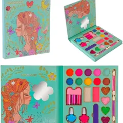 This book-style makeup kit is designed for kids. It includes a variety of colorful eyeshadows, nail polish, and applicators, all safe for children to play with.