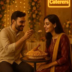 We believe food is a love language. Here, we see a moment of shared joy over a bowl of our signature biryani, capturing the warmth and connection we aim to create at every event we cater.