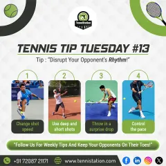 Tennis Tip: Disrupt your opponent's rhythm. Keep them guessing by changing your shot speed, using a mix of deep and short shots, and throwing in a surprise drop shot to control the pace of the game.