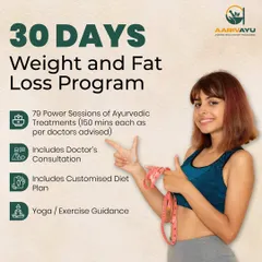 Transform your health with our 30-Day Weight and Fat Loss Program. It includes 79 power sessions of Ayurvedic treatments, doctor consultations, a customized diet plan, and yoga guidance.