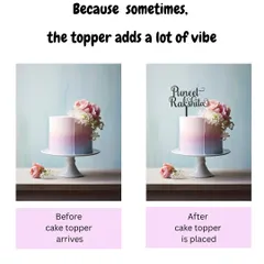 Personalization is key. This before-and-after shows a cake with a custom name topper, making it a unique centerpiece for a wedding or engagement party.