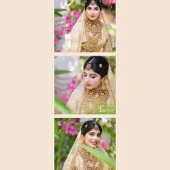 A collage showcasing a classic South Indian bridal updo from different angles, adorned with a traditional maang tikka.