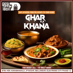 We deliver safe, hygienic, and delicious 'Ghar ka Khana' right to your event or office. This spread features a home-style non-vegetarian curry, fragrant rice, dal, and soft naan, capturing the essence of a comforting, well-cooked meal.