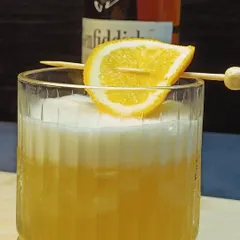 A close-up of the Whisky Sour, garnished with a simple orange slice. The key is in the shake, which creates the signature foam from the egg white.