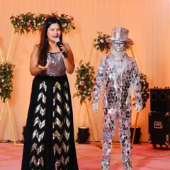 Sharing the stage with a unique mirror-man performer. I love collaborating with other artists to create a spectacular show.