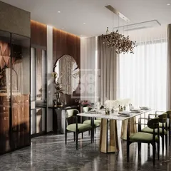 This view shows the dining area with its beautiful marble-topped table and a unique mirror that adds an artistic touch. The design is both luxurious and welcoming.