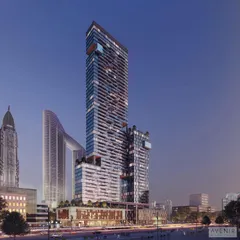 The same Dubai skyscraper concept rendered in a dusk setting. This view emphasizes the building's interior lighting and its presence against the evening sky, offering a different mood for marketing materials.
