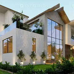 This perspective of the Coimbatore house shows the double-height glass facade and the rooftop terrace, designed to maximize views and create multiple levels of outdoor living space.