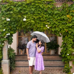 Capturing a candid interaction from the same Pondicherry shoot, showing the couple's natural chemistry.