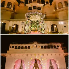 The magnificent decor at Alila Bishangarh, showing both the daytime floral mandap and the glittering nighttime setup for the varmala ceremony.