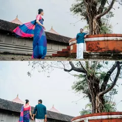 A dynamic collage capturing movement and stillness. The bride's vibrant saree flows in the wind, creating a beautiful contrast with the serene temple background in this pre-wedding photo.