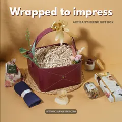 Wrapped to impress, the 'Artisan's Blend Gift Box' is a feast for the senses. It features green tea, a scented candle, and other artisanal products in a beautiful leatherette basket.