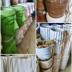 A collage of our diverse ceramic pot inventory. You can see our popular Buddha-head planters, textured white pots, and other geometric and classic designs ready for your home.