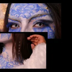 A close-up collage focusing on the piercing eyes and delicate hand gestures from our creative fantasy makeup session.