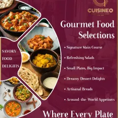 This graphic showcases the breadth of our gourmet food selections. From signature main courses and artisanal breads to dreamy desserts and global appetizers, every plate tells a story.