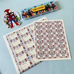 Personalised stationery makes everything more fun. Here we have custom name labels and a pencil box in a cool Avengers theme for 'Viraansh Arya'.