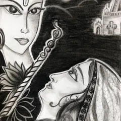 This charcoal and pencil sketch of Radha and Krishna shows how we can tell a story through art. My students learn to compose scenes, use contrast for dramatic effect, and add intricate details to their drawings.