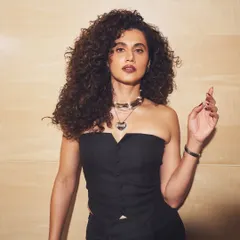 Taapsee Pannu serving a strong and confident look. We styled her in a black strapless co-ord from Maniere De Voir, accessorized with a chunky silver neck stack from Amamajewels.