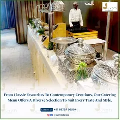 A classic buffet line featuring ornate silver serving dishes, showcasing our ability to cater to traditional tastes with timeless elegance.