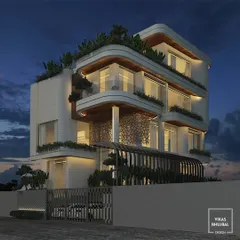 This architectural render for a modern bungalow in Gujarat highlights our use of curved forms and cantilevered balconies. The design integrates rooftop greenery and strategic lighting to create a dynamic and sophisticated exterior presence.
