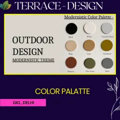 The modernistic color palette chosen for the GK1 terrace design. We selected a sophisticated range of tones including latte, olive green, and slate to create a balanced and elegant outdoor space.