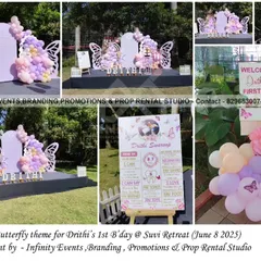 We bring magical themes to beautiful outdoor locations like Suvi Retreat. This enchanting butterfly-themed first birthday features delicate pastel balloon garlands and elegant semi-arch backdrops with butterfly wing cutouts, creating a dreamy atmosphere amidst nature.