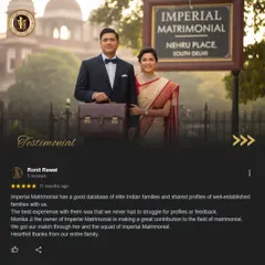 This testimonial praises our extensive database of elite Indian families and the seamless process of receiving profiles and feedback. The client thanks our owner, Monika Ji, for her significant contribution to the field of matrimonial services.