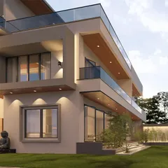 A 3D render of "The Honest House" in Coimbatore, showcasing its clean lines, large glass windows, and a design that prioritizes natural light and views.