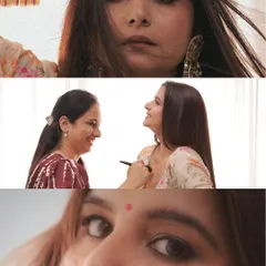 A collage showcasing a soft glam look with a floral saree. The top and bottom panels highlight the intense yet soft smoky eye makeup, while the middle panel shows me in action during the application.
