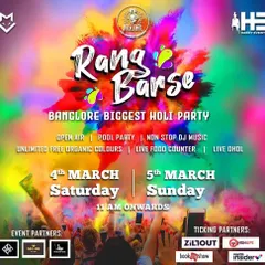 My "Rang Barse" Holi party is one of the biggest in Bangalore. This poster shows the scale of the event, featuring an open-air venue, pool party, and live dhol.