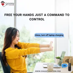 Free your hands for what matters most. This scene shows how a simple voice command to Alexa can manage appliances, like turning off a laptop charger, allowing you to multitask effortlessly.