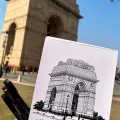 A close-up of my India Gate sketch, created with Sakura Pigma Micron pens. The fine lines allow for intricate detail, perfect for architectural drawings.