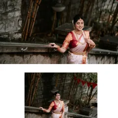 A beautiful bridal portrait of Keerthi on her engagement day. The outdoor setting and her classic South Indian saree create a timeless and elegant look.
