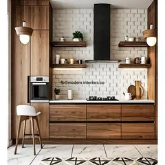 Such an elegant modular kitchen! The combination of dark wood cabinets, a white brick backsplash, and open shelving creates a warm, rustic-modern feel.