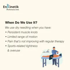 When do I use dry needling? I use it for persistent muscle knots, limited range of motion, and pain that isn't improving with other therapies. It is particularly effective for sports-related tightness and overuse injuries.