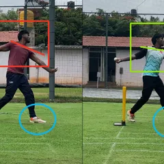 For this right-arm off-spinner, we focused on fine-tuning his action. The 'before' shows an uncontrolled finish, but the 'after' demonstrates a strong, upright body position with maximum finger usage for better line and length.