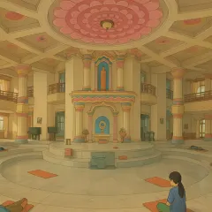 An artistic rendering of the inside of the Vishalakshi Mantap in the style of Studio Ghibli. This animation captures the serene and magical quality of our meditation hall.