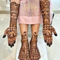 A stunning example of a full bridal mehendi without human figures. This design uses traditional motifs like elephants, peacocks, and architectural jharokhas to create a rich and complete look for both hands and feet.